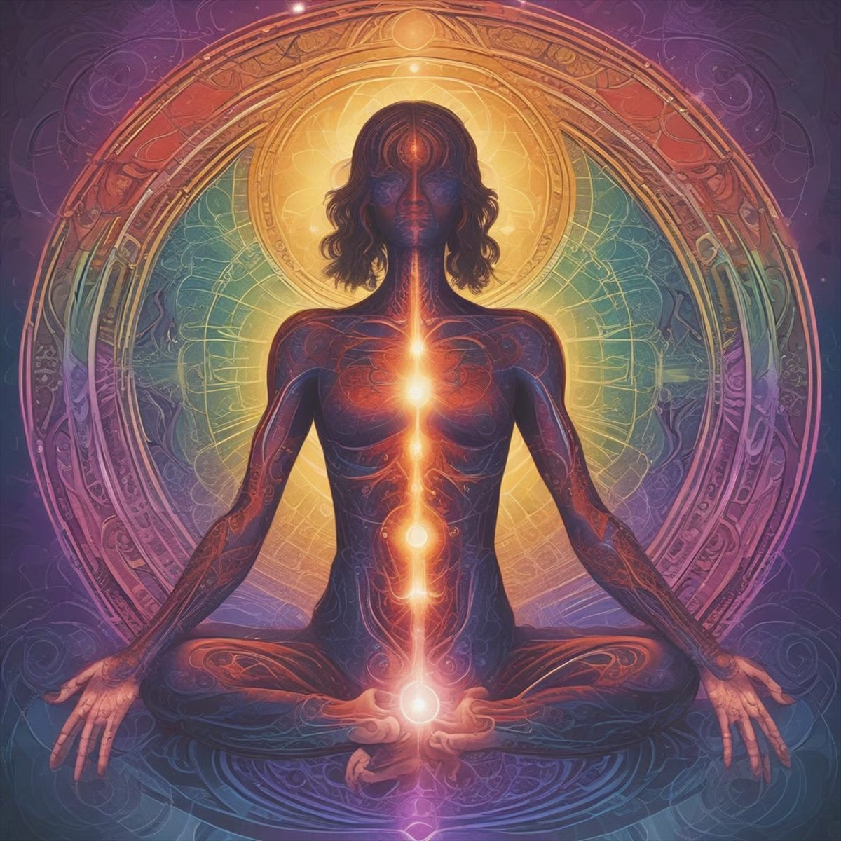 Illustration d'une personne en méditation, énergie et chakras alignés — soins énergétiques O'Ki Soins