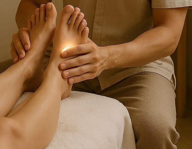Séance de réflexologie plantaire : pressions sur les points réflexes du pied — O'Ki Soins, Cergy-Pontoise